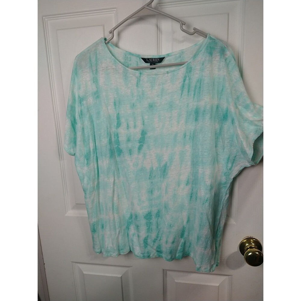 Lauren Ralph Lauren Woman XL Blous 100 Linen Tye Dye Aqua White Cap Sleeve...